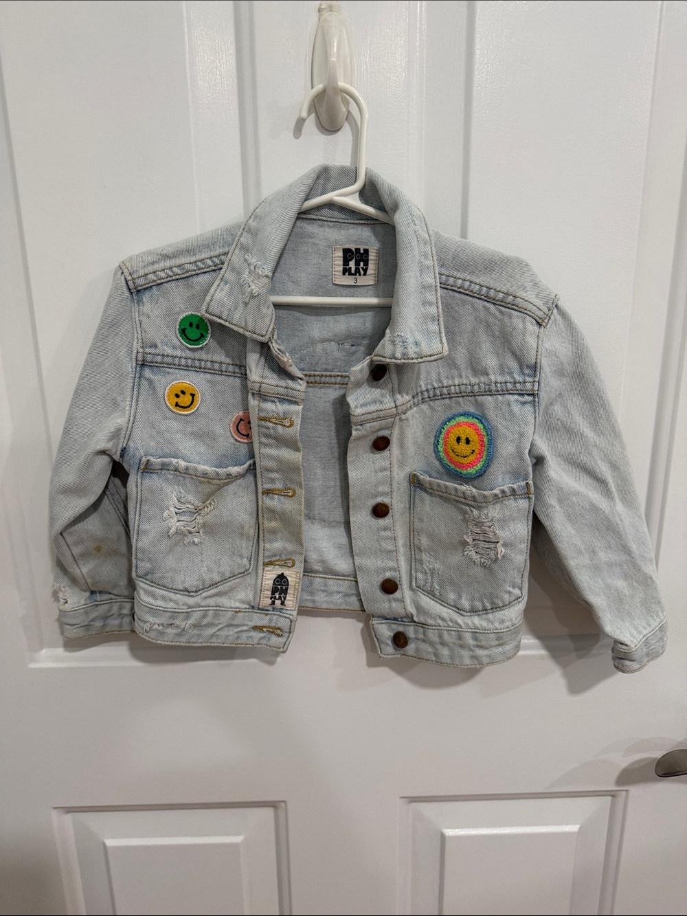 Light Wash Kids Denim Jacket with Colorful Smile Patches